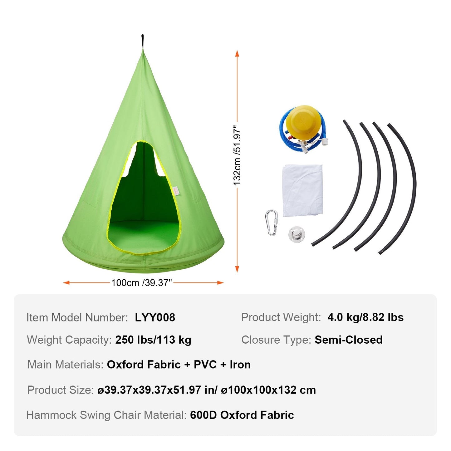 Kids Nest Hammock Swing Chair with Adjustable Rope, 113 kg Capacity, Green