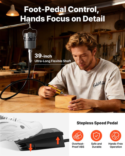 Flex Shaft Grinder, 780W 25000RPM Electric Flex Shaft Rotary Tool, Foot-Pedal Control Hanging Carver Grinder with 112PCS Accessory Kit for Sanding Buffing Polishing Cutting