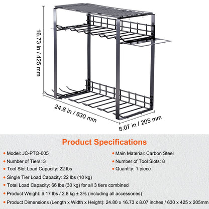 Heavy-Duty Tool Organizer Wall Mount, 8 Slots, 3 Layers, Holds Up to 30 kg