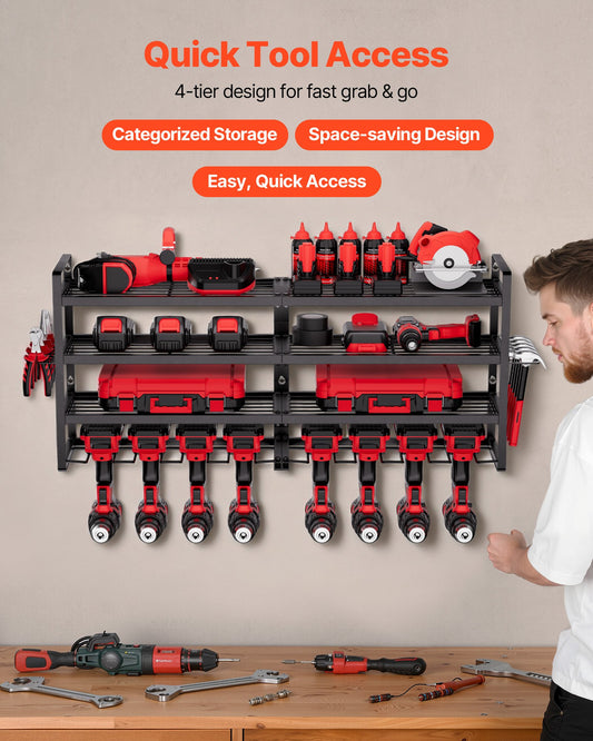 Power Tool Organizer Wall Mount, 4-Layer Storage Rack with 8 Drill Holders, Tools Holder and Storage Rack with Screwdriver Holder, Garage Tool Organizer for Garage, Workbench, and Workshop