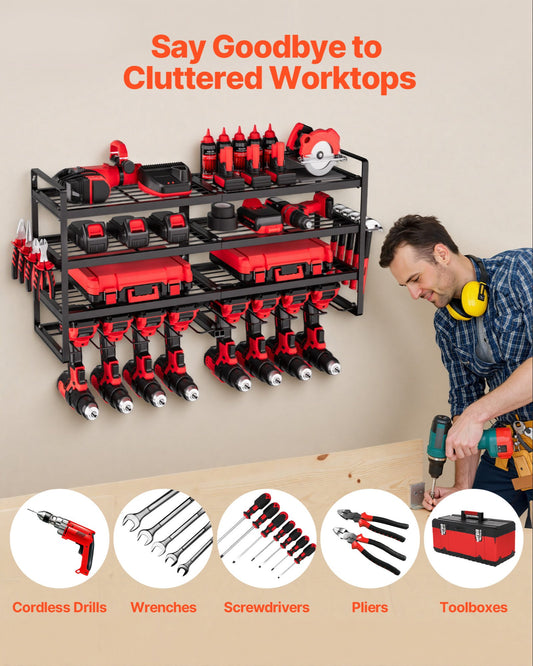 Power Tool Organizer Wall Mount, 4-Layer Storage Rack with 8 Drill Holders, Tools Holder and Storage Rack with Screwdriver Holder, Garage Tool Organizer for Garage, Workbench, and Workshop