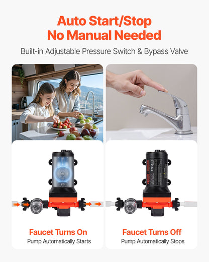 RV Water Pump, 12V DC 6 GPM (22.7 L/min), 4-Chamber Self-Priming Diaphragm Water Pump with Automatic Pressure Switch, 70 PSI Max Pressure, On Demand for RV, Caravan, Marine, Yacht, Car Washing