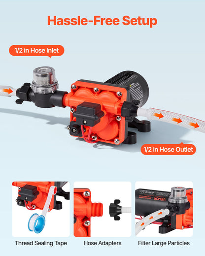 RV Water Pump, 12V DC 6 GPM (22.7 L/min), 4-Chamber Self-Priming Diaphragm Water Pump with Automatic Pressure Switch, 70 PSI Max Pressure, On Demand for RV, Caravan, Marine, Yacht, Car Washing