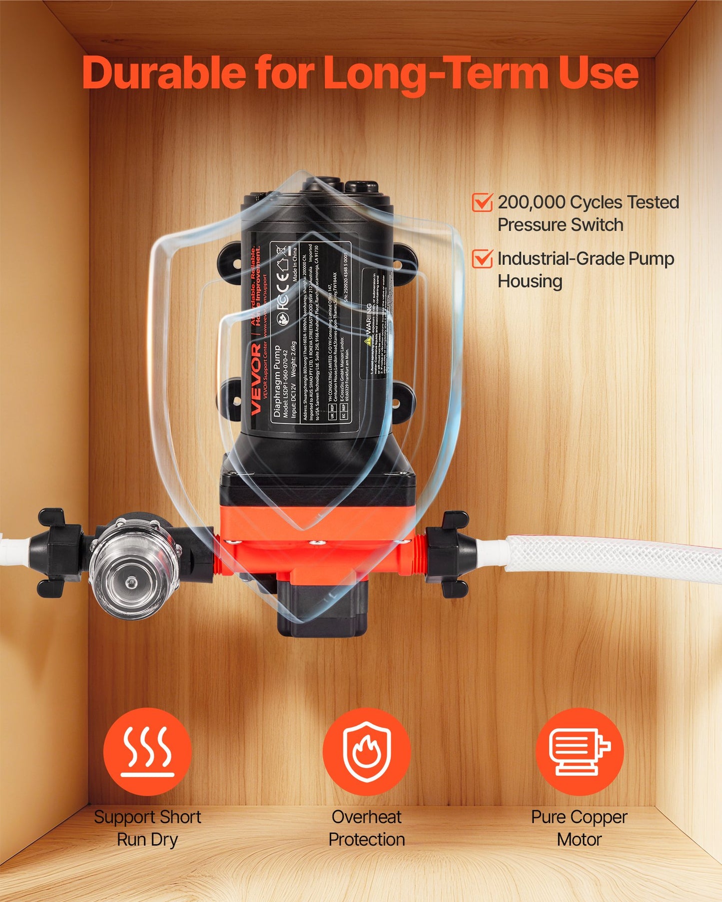 RV Water Pump, 12V DC 6 GPM (22.7 L/min), 4-Chamber Self-Priming Diaphragm Water Pump with Automatic Pressure Switch, 70 PSI Max Pressure, On Demand for RV, Caravan, Marine, Yacht, Car Washing