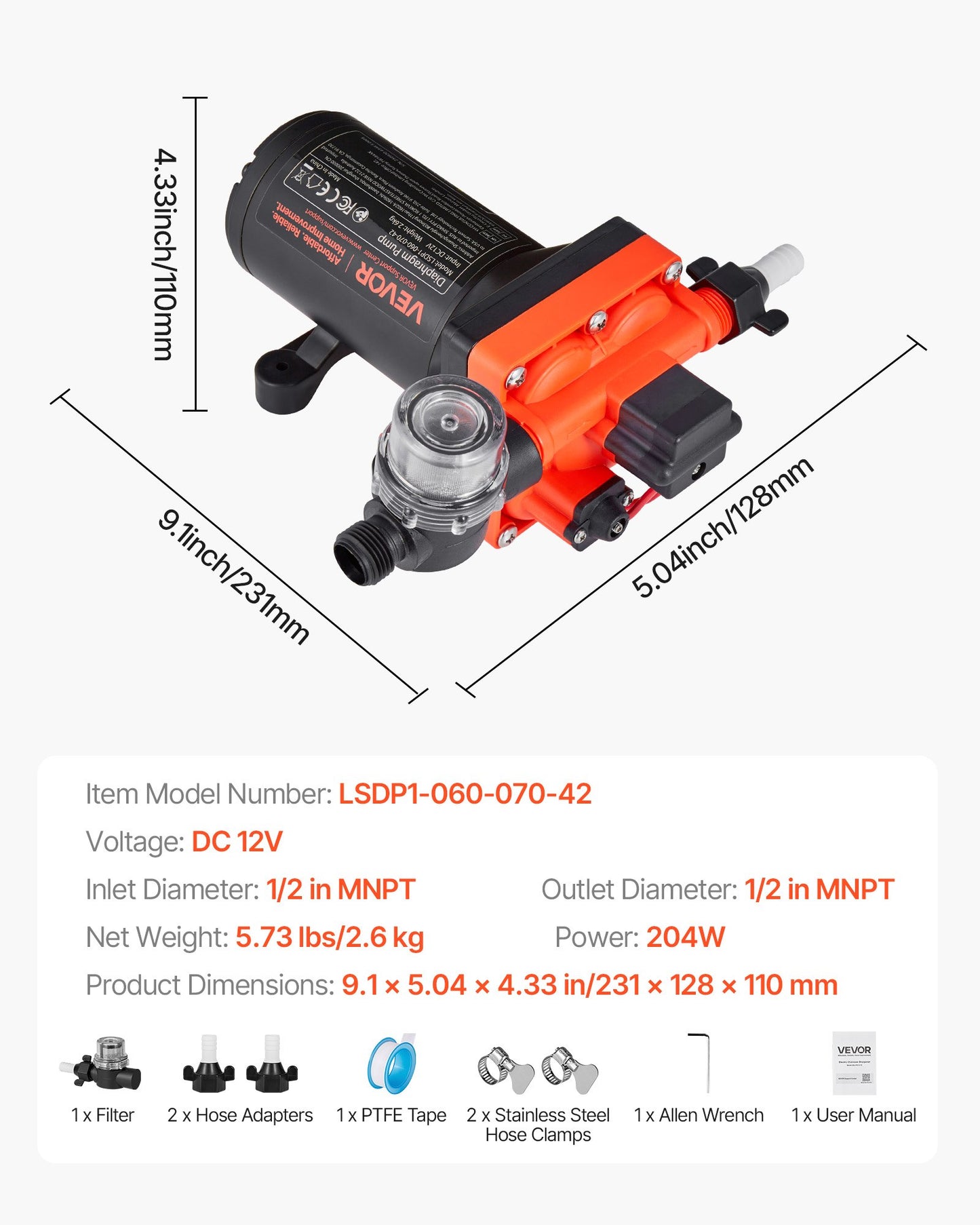 RV Water Pump, 12V DC 6 GPM (22.7 L/min), 4-Chamber Self-Priming Diaphragm Water Pump with Automatic Pressure Switch, 70 PSI Max Pressure, On Demand for RV, Caravan, Marine, Yacht, Car Washing