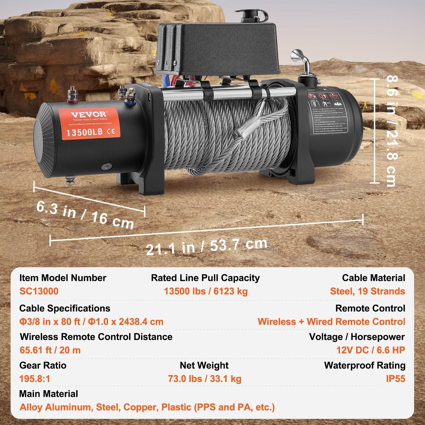 Electric Winch 6.1 Ton Waterproof with Remote Control and Steel Cable