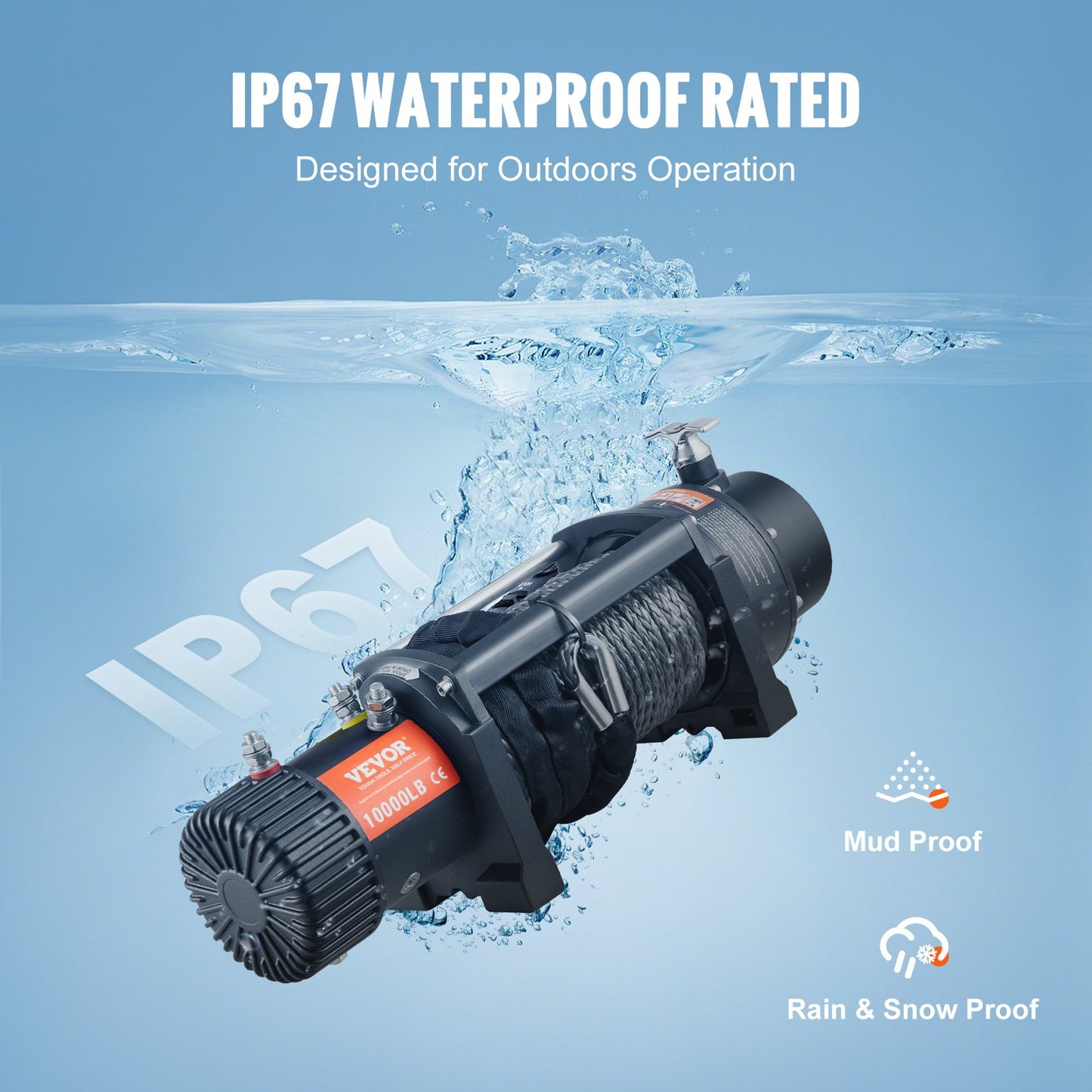 VEVOR Electric Winch, 4536 kg Load Capacity Nylon Rope Winch, IP67 8.9 mm x 25.9