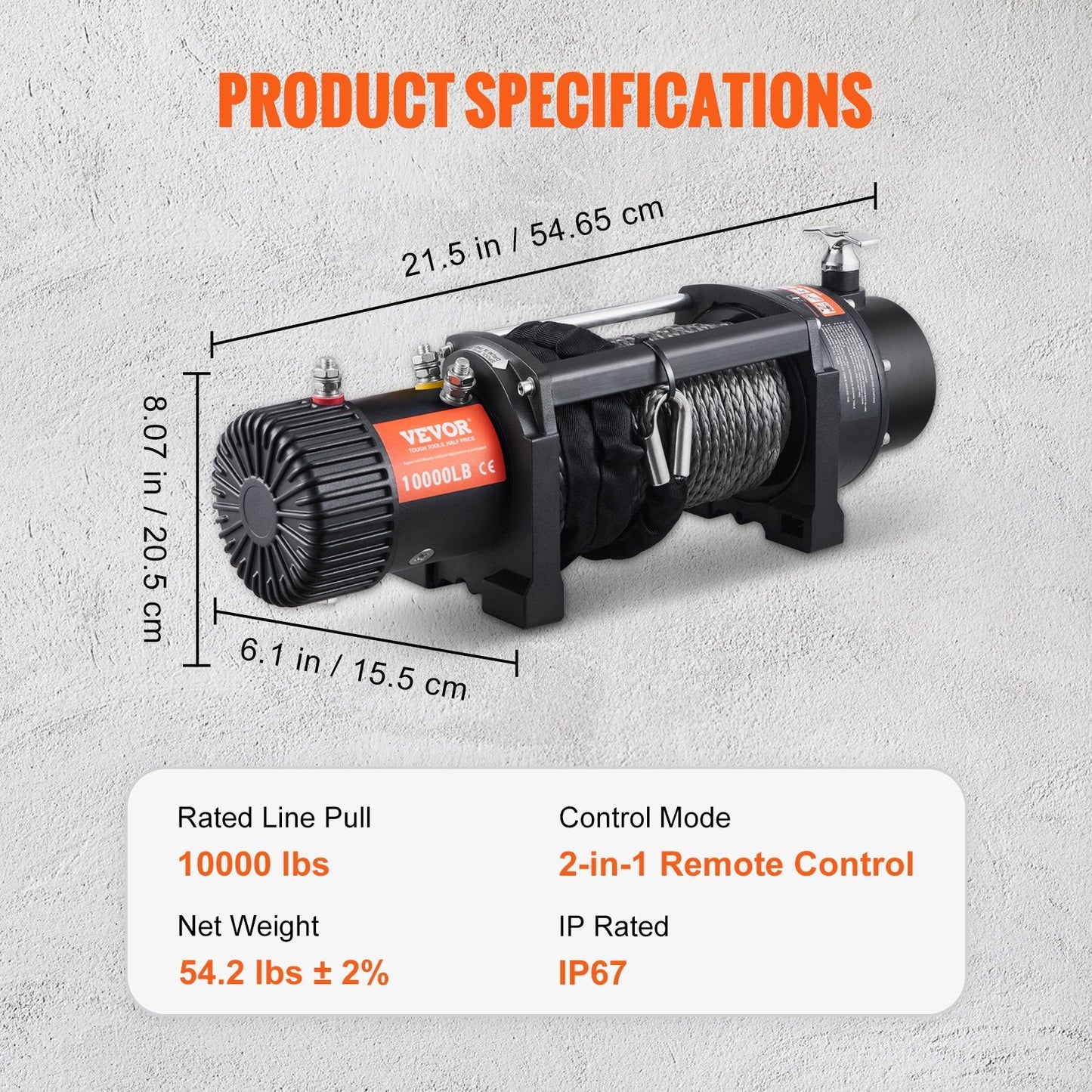 Electric Winch 4536 kg Capacity, 8.9 mm x 25.9 m Rope, Wireless Remote, IP67