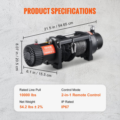 Electric Winch 4536 kg Capacity, 8.9 mm x 25.9 m Rope, Wireless Remote, IP67