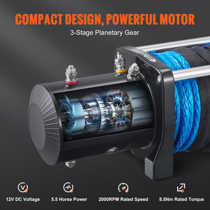 VEVOR Electric Winch, 3629 kg Load Capacity Nylon Rope Winch, IP67 8.9 mm x 25.9