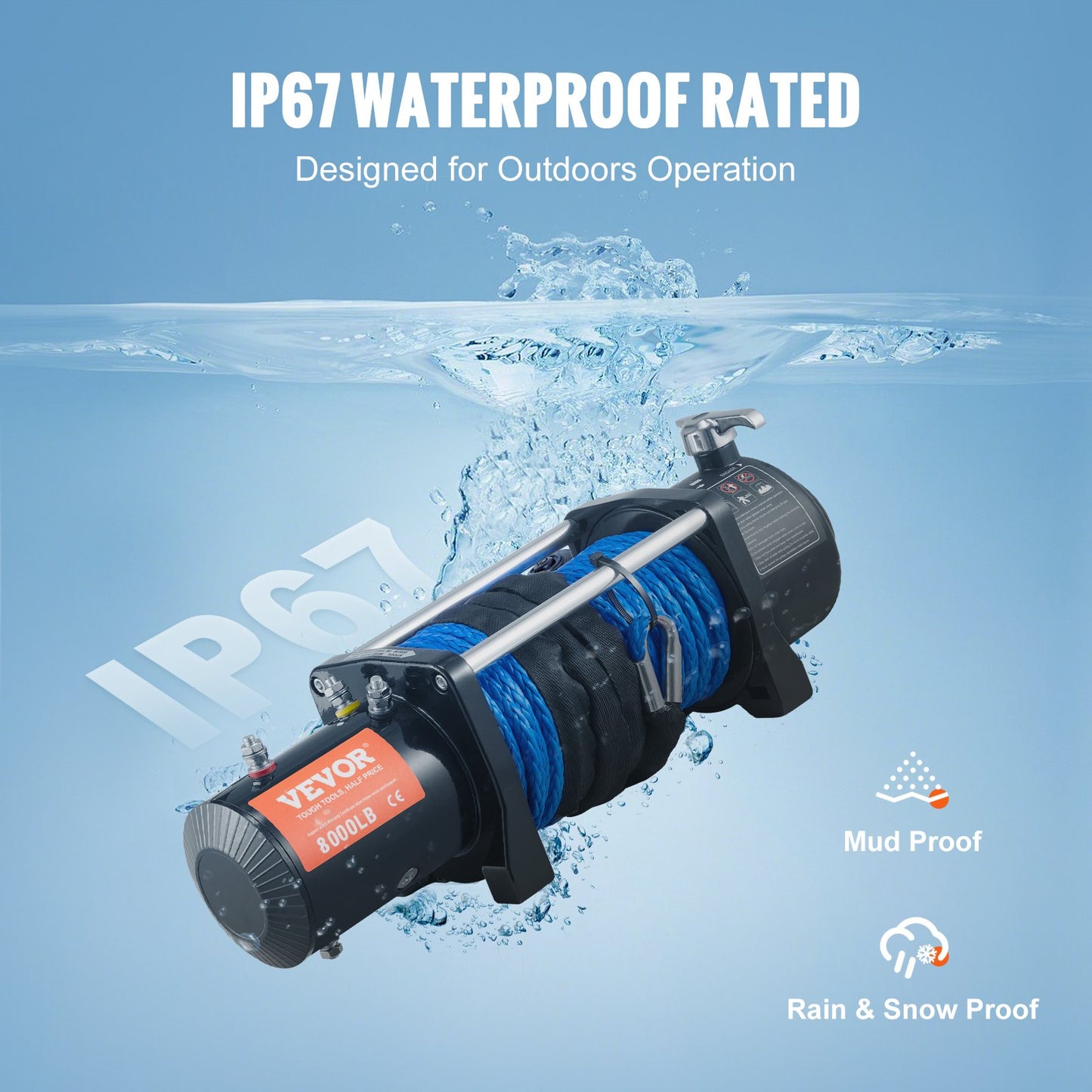 VEVOR Electric Winch, 3629 kg Load Capacity Nylon Rope Winch, IP67 8.9 mm x 25.9