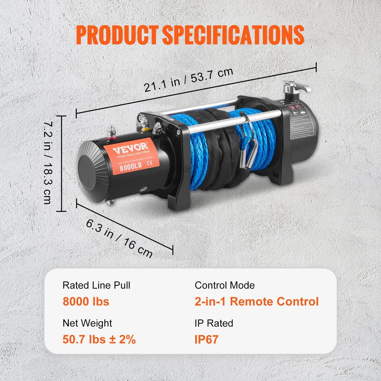 Electric Winch 3629 kg Capacity, 8.9 mm x 25.9 m Rope, Wireless Remote, Waterproof