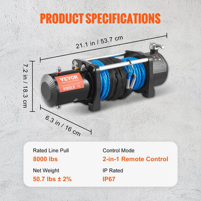 Electric Winch 3629 kg Capacity, 8.9 mm x 25.9 m Rope, Wireless Remote, Waterproof
