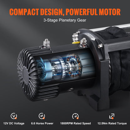 Electric Winch, 5897 kg Capacity, Wireless Remote, IP67, 9.5 mm x 25.9 m Rope