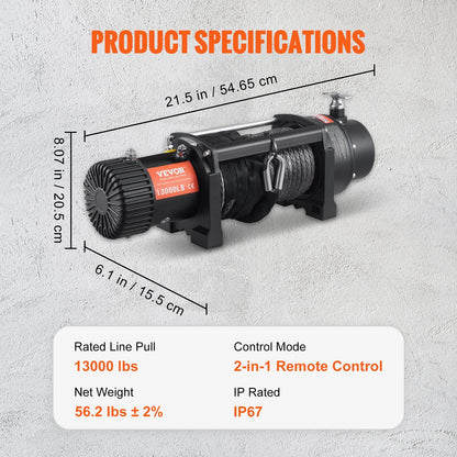 Electric Winch, 5897 kg Capacity, Wireless Remote, IP67, 9.5 mm x 25.9 m Rope