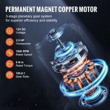 Three-stage planetary gear system and 195.8:1 ratio provide strong controlled pulling performance