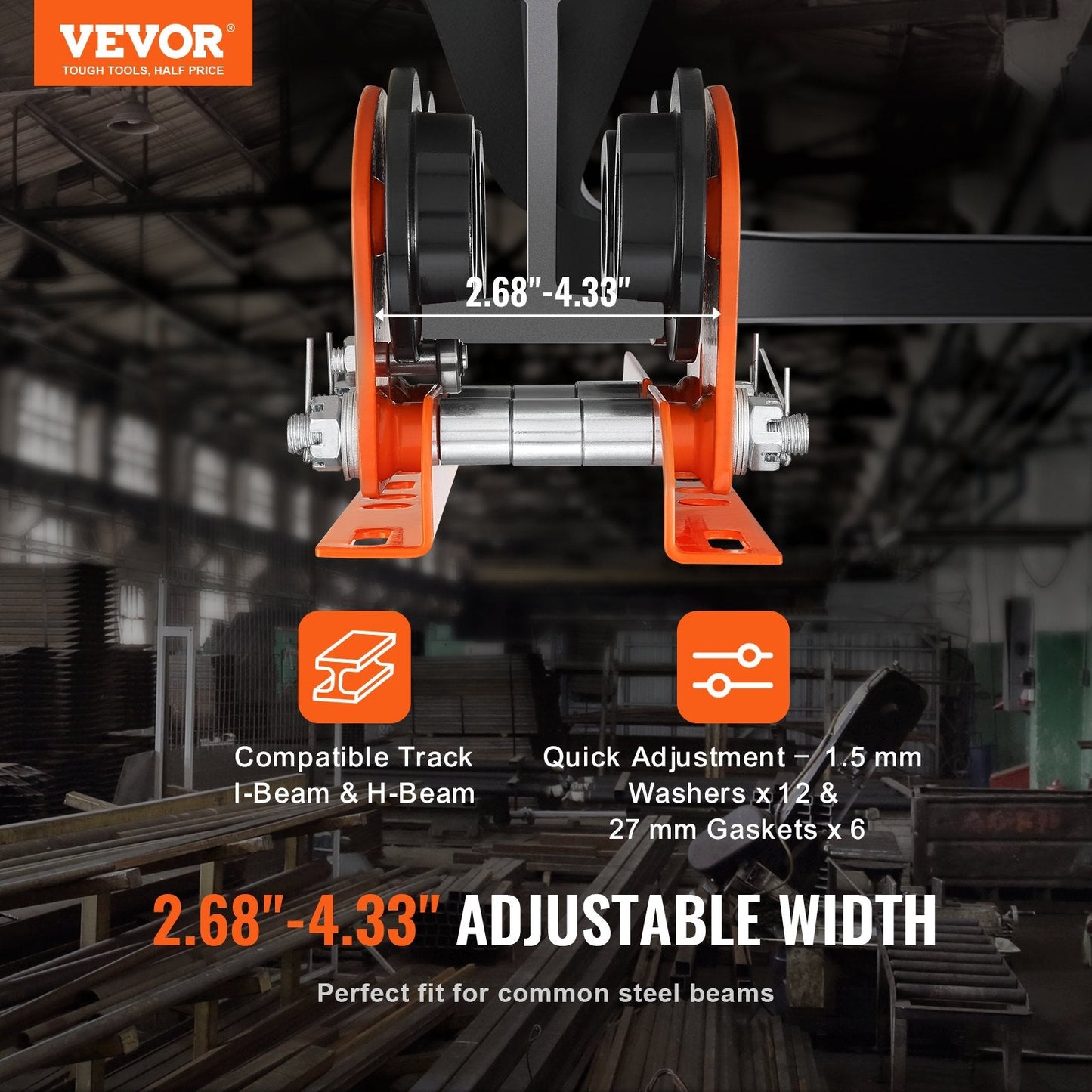 Electric Hoist Trolley, 1 Ton Capacity, Adjustable for 0.68-1.10 m Beam Width