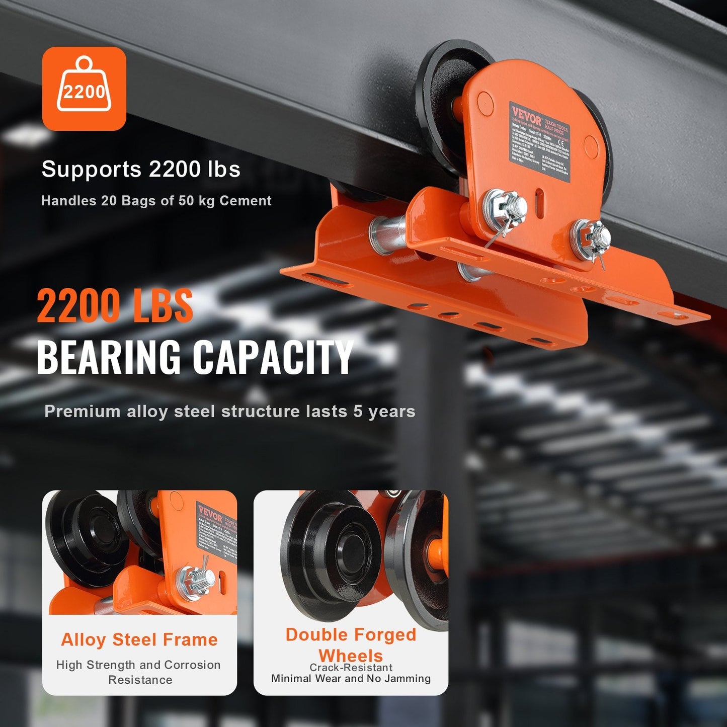 Electric Hoist Trolley, 1 Ton Capacity, Adjustable for 0.68-1.10 m Beam Width