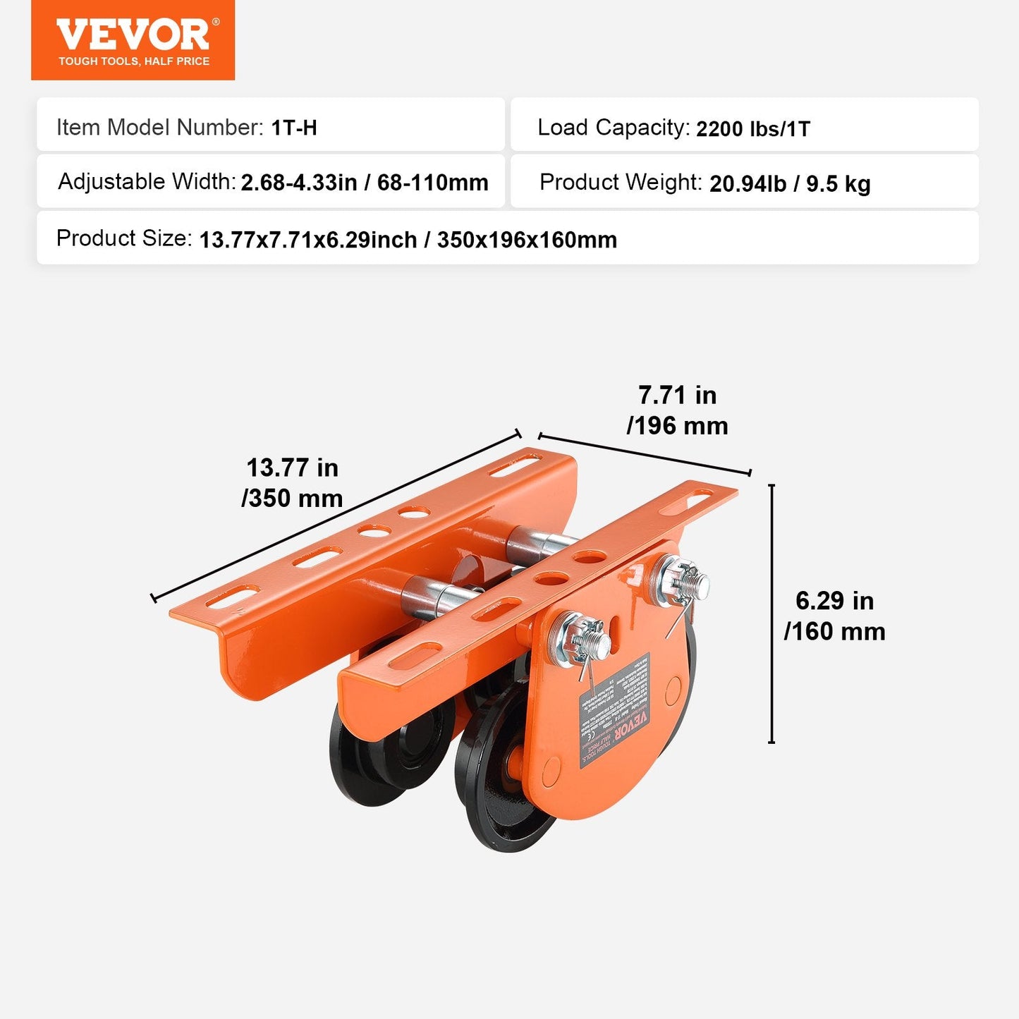 Electric Hoist Trolley, 1 Ton Capacity, Adjustable for 0.68-1.10 m Beam Width