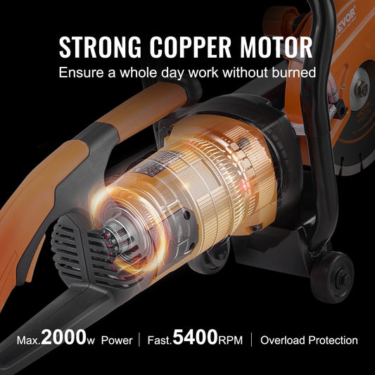 Electric Concrete Cutter, 2000W, 0.18m Blade, 63mm Depth, Wet/Dry Use