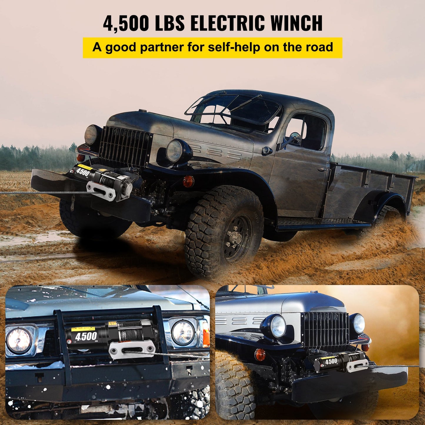 VEVOR Truck Winch 4,500LBS, Electric Winch Synthetic Rope 12V, Power Winch with