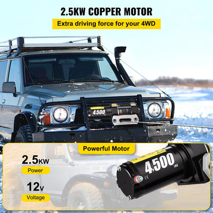 Electric Winch 2041 kg with Synthetic Rope & Wireless Remote, 12V for UTV/ATV