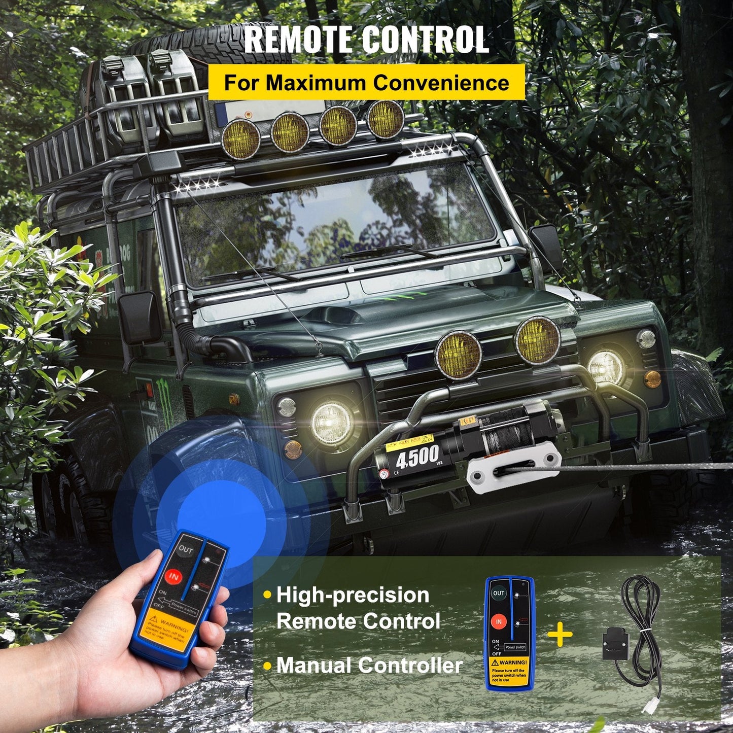 Electric Winch 2041 kg with Synthetic Rope & Wireless Remote, 12V for UTV/ATV
