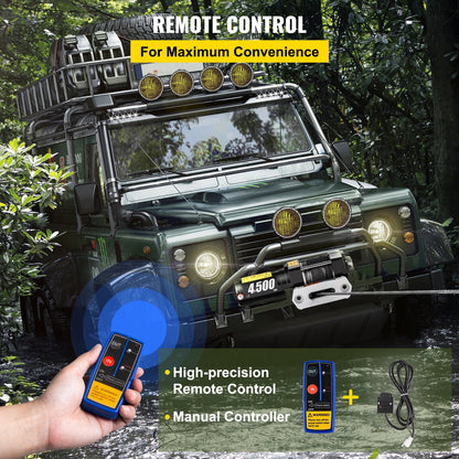 Electric Winch 2041 kg with Synthetic Rope & Wireless Remote, 12V for UTV/ATV