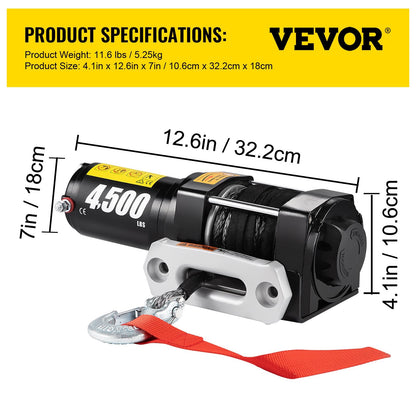 Electric Winch 2041 kg with Synthetic Rope & Wireless Remote, 12V for UTV/ATV