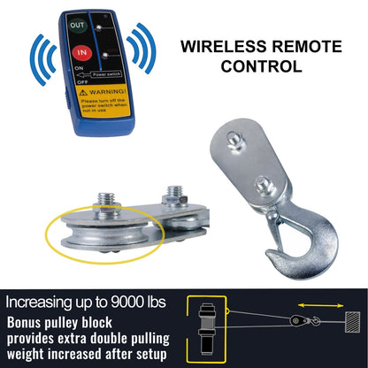 Electric Winch 2041kg Capacity with 13m Rope & Wireless Control for Off-Road Use