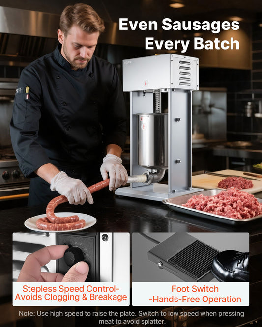 Electric Sausage Stuffer, 22 LBS / 10 L Vertical Meat Filler with Stepless Speed Adjustment, Stainless Steel Sausage Stuffing Machine, Foot Pedal & 4 Filling Tubes, for Commercial and Home Use