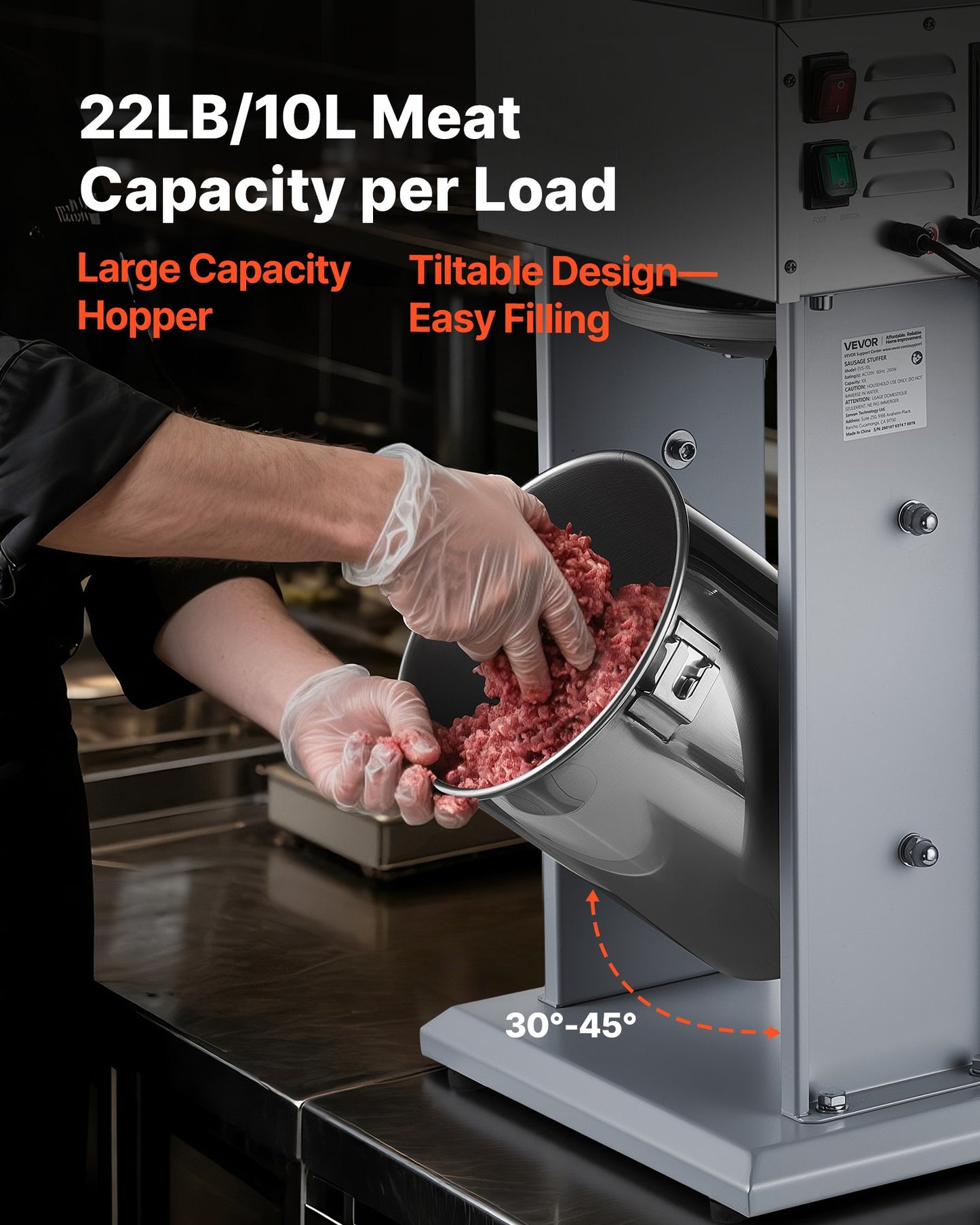 Electric Sausage Stuffer, 22 LBS / 10 L Vertical Meat Filler with Stepless Speed Adjustment, Stainless Steel Sausage Stuffing Machine, Foot Pedal & 4 Filling Tubes, for Commercial and Home Use
