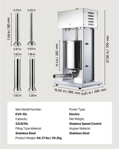 Electric Sausage Stuffer, 22 LBS / 10 L Vertical Meat Filler with Stepless Speed Adjustment, Stainless Steel Sausage Stuffing Machine, Foot Pedal & 4 Filling Tubes, for Commercial and Home Use