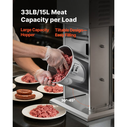 Electric Sausage Stuffer, 33 LBS / 15 L Vertical Meat Stuffer, Stepless Speed Control and Foot Pedal, Stainless Steel He