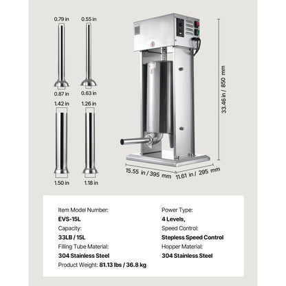 Electric Sausage Stuffer, 33 LBS / 15 L Vertical Meat Stuffer, Stepless Speed Control and Foot Pedal, Stainless Steel He