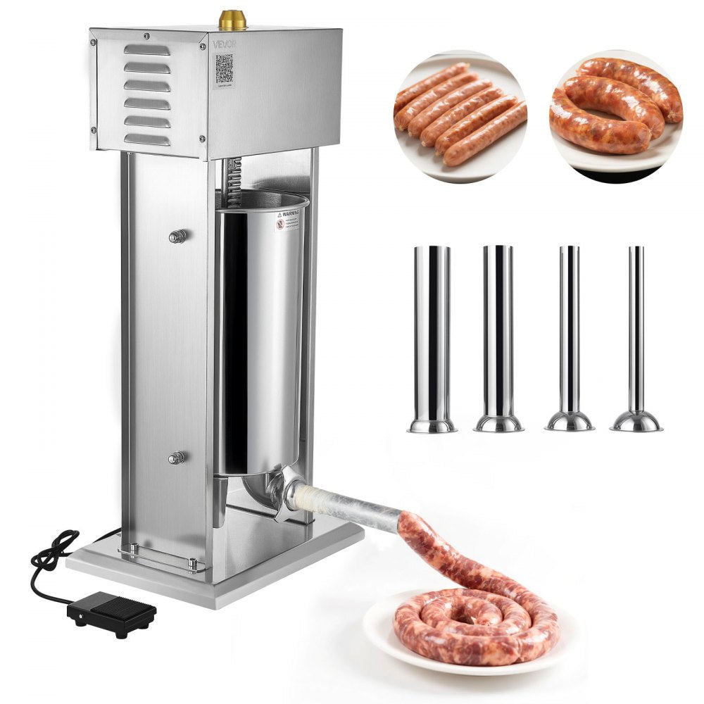 Electric Sausage Stuffer, 33 LBS / 15 L Vertical Meat Stuffer, Stepless Speed Control and Foot Pedal, Stainless Steel Heavy Duty Sausage Filler with 4 Stuffing Tubes, for Commercial & Home Use