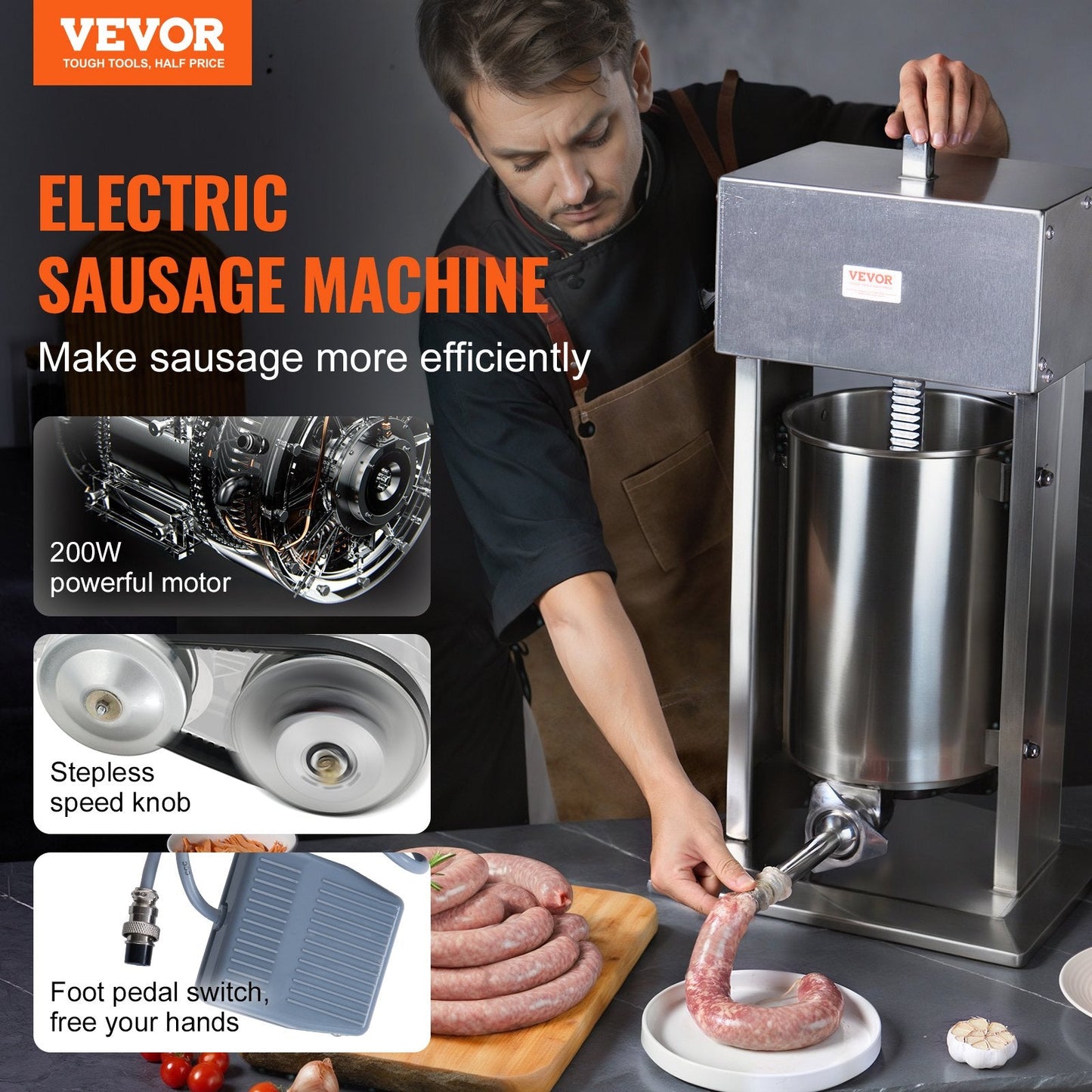Electric 12L Vertical Sausage Stuffer, 304 Stainless Steel, Commercial Use
