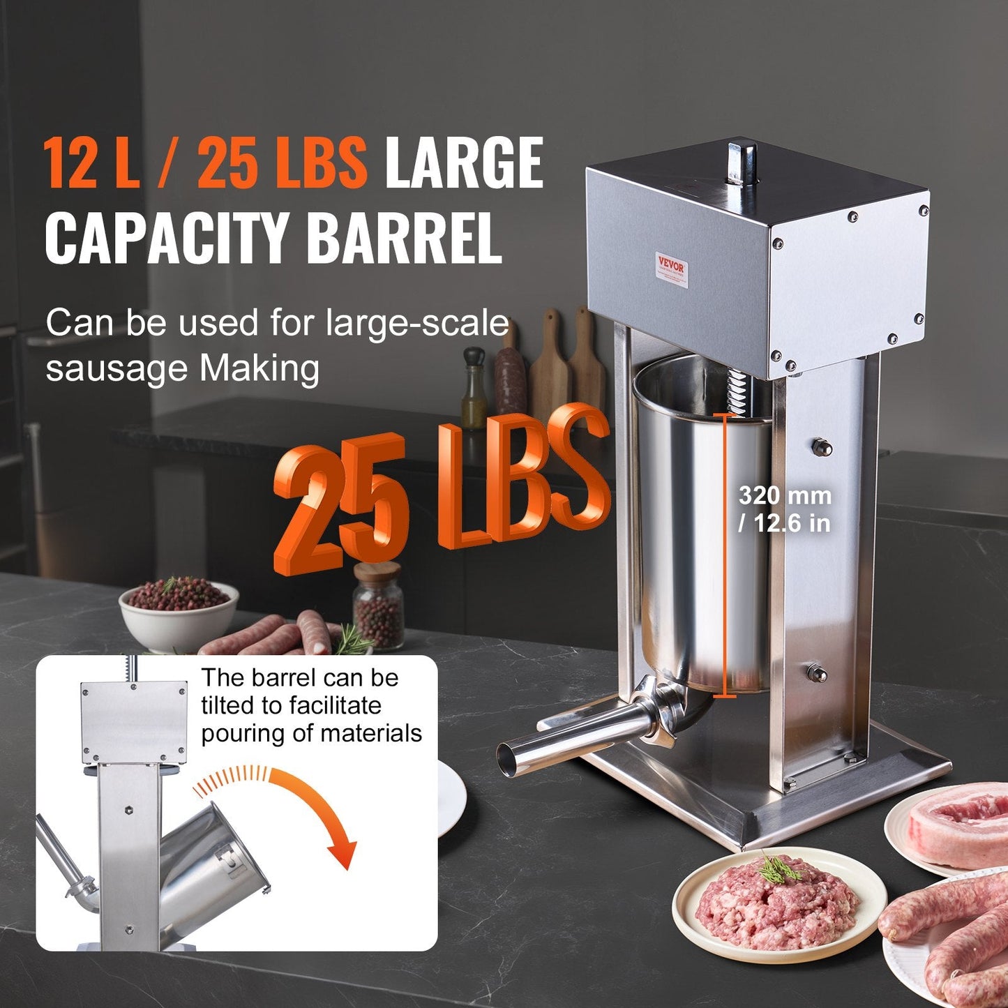 Electric 12L Vertical Sausage Stuffer, 304 Stainless Steel, Commercial Use
