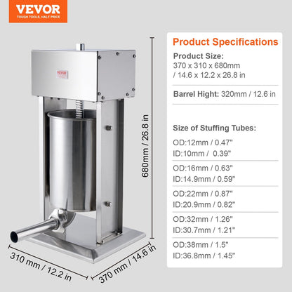 Electric 12L Vertical Sausage Stuffer, 304 Stainless Steel, Commercial Use
