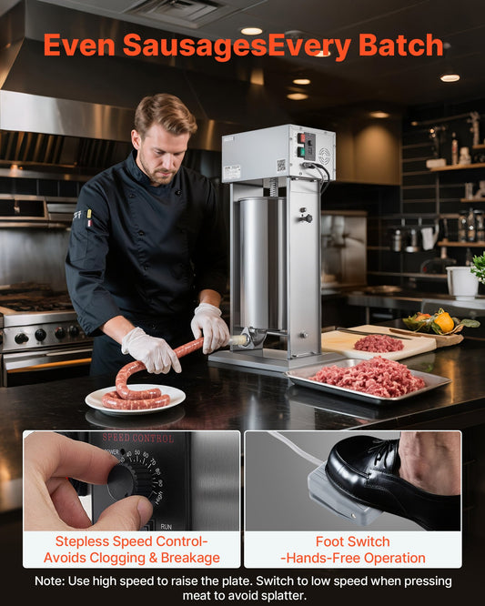 Electric Sausage Stuffer, 55 LBS / 25 L Vertical Meat Stuffer, Stepless Speed Control and Foot Pedal, Stainless Steel Heavy Duty Sausage Filler with 5 Stuffing Tubes, for Commercial & Home Use