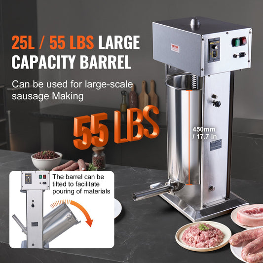 Electric 25L Stainless Steel Vertical Sausage Stuffer, Commercial Grade