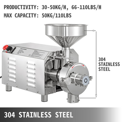 Electric Grain Grinder 2200W, 50KG Capacity, Stainless Steel, Adjustable Fineness