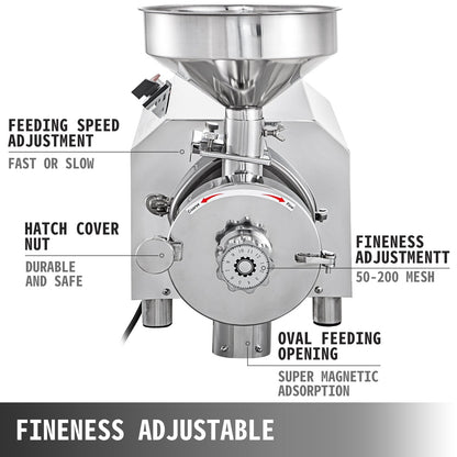 Electric Grain Grinder 2200W, 50KG Capacity, Stainless Steel, Adjustable Fineness