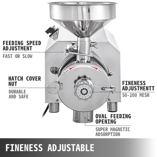 Electric Grain Grinder 2200W, 50KG Capacity, Stainless Steel, Adjustable Fineness