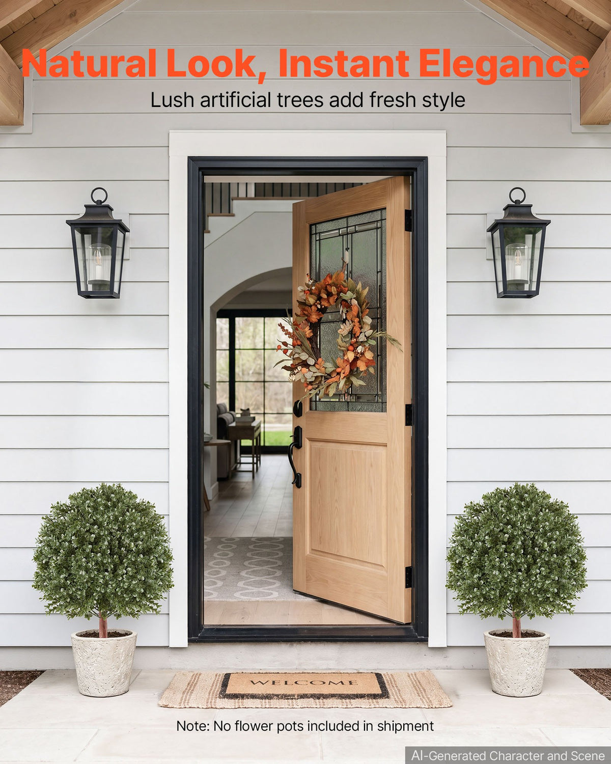 Artificial Topiary Boxwood Bush 508 mm Set of 2 Greenery Fake Shrubs, PE Faux Trees with Metal Ground Spikes, Indoor & Outdoor Green Plant for Front Door, Entryway, Porch, Balcony, Patio, Garden