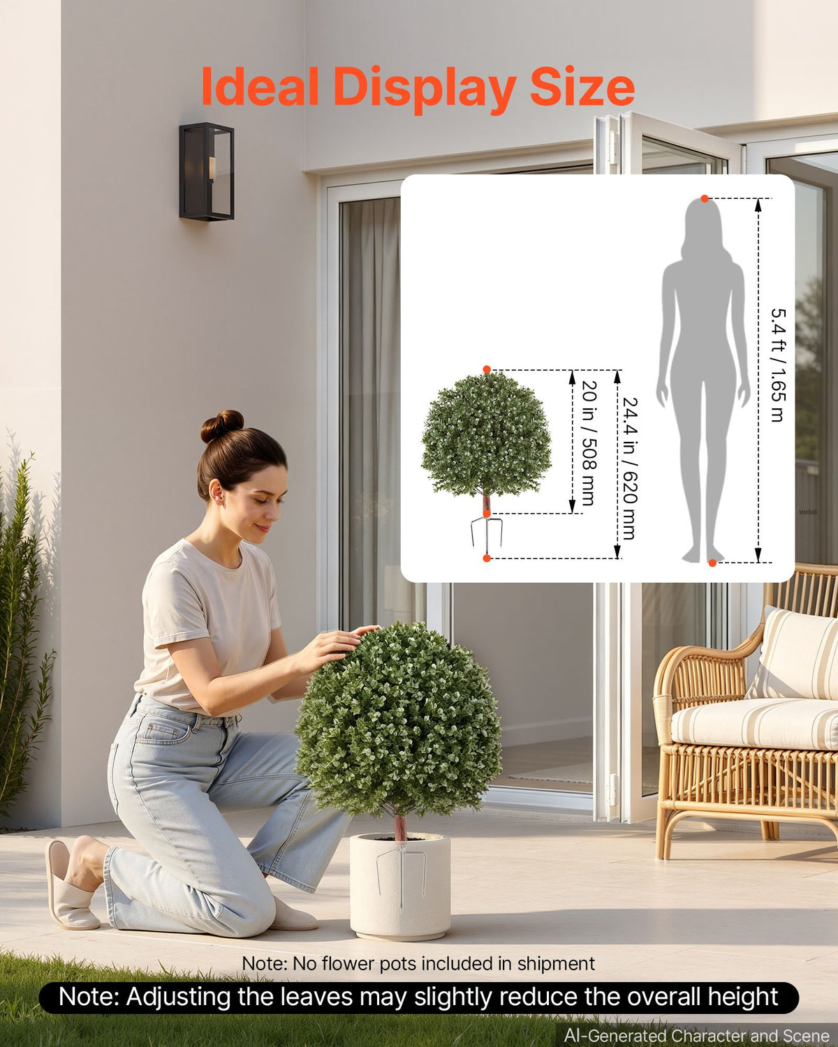 Artificial Topiary Boxwood Bush 508 mm Set of 2 Greenery Fake Shrubs, PE Faux Trees with Metal Ground Spikes, Indoor & Outdoor Green Plant for Front Door, Entryway, Porch, Balcony, Patio, Garden
