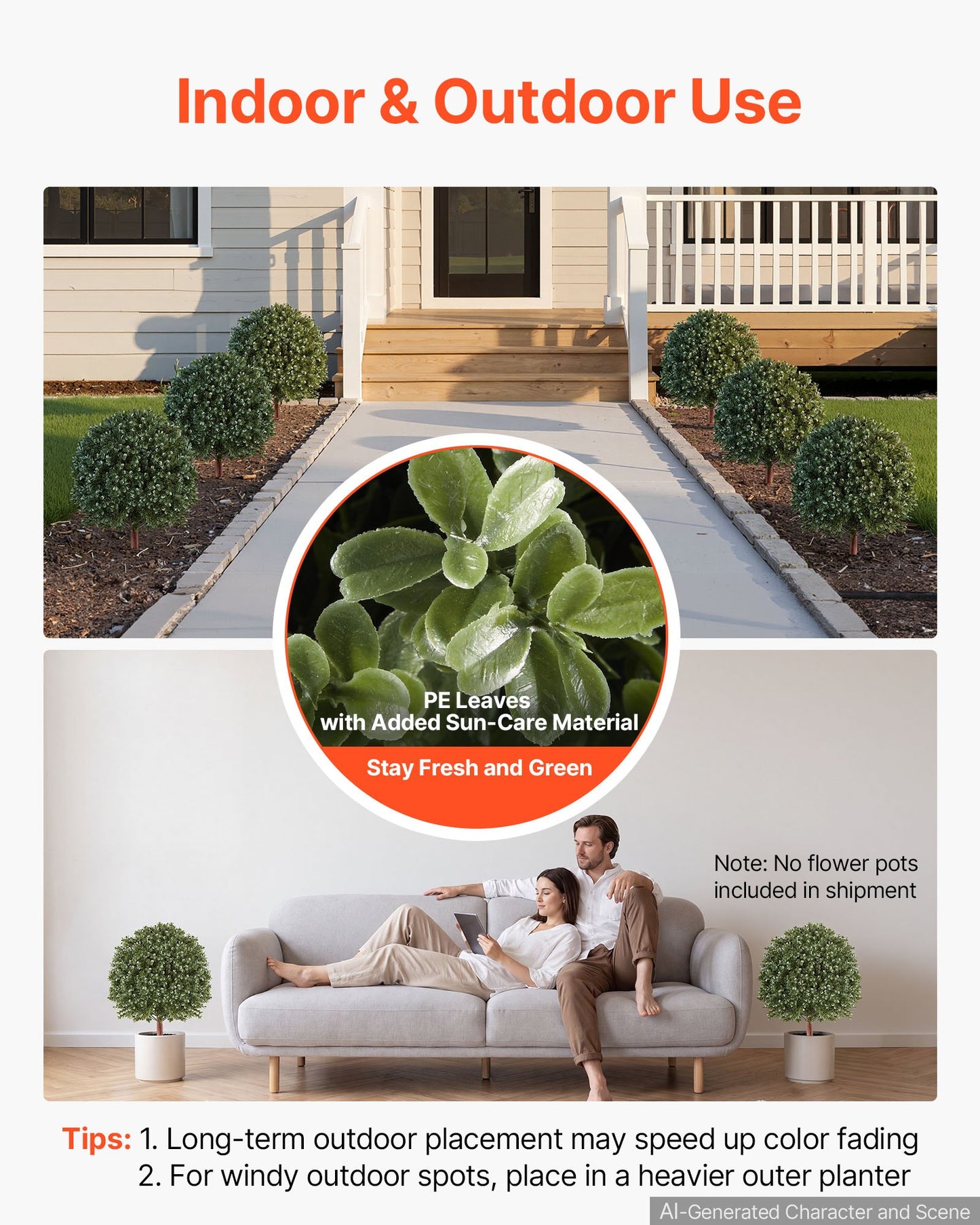 Artificial Topiary Boxwood Bush 508 mm Set of 2 Greenery Fake Shrubs, PE Faux Trees with Metal Ground Spikes, Indoor & Outdoor Green Plant for Front Door, Entryway, Porch, Balcony, Patio, Garden