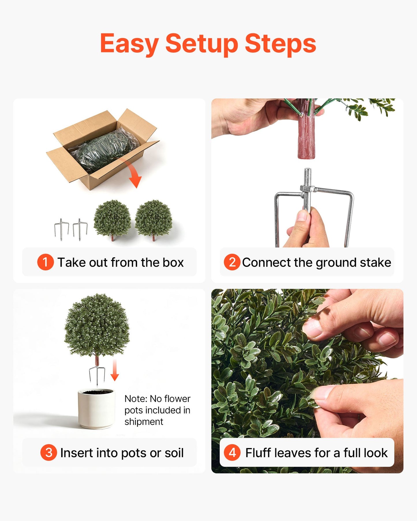 Artificial Topiary Boxwood Bush 508 mm Set of 2 Greenery Fake Shrubs, PE Faux Trees with Metal Ground Spikes, Indoor & Outdoor Green Plant for Front Door, Entryway, Porch, Balcony, Patio, Garden