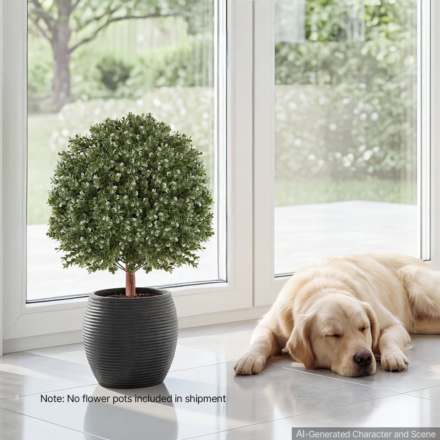 Artificial Topiary Boxwood Bush 508 mm Set of 2 Greenery Fake Shrubs, PE Faux Trees with Metal Ground Spikes, Indoor & Outdoor Green Plant for Front Door, Entryway, Porch, Balcony, Patio, Garden
