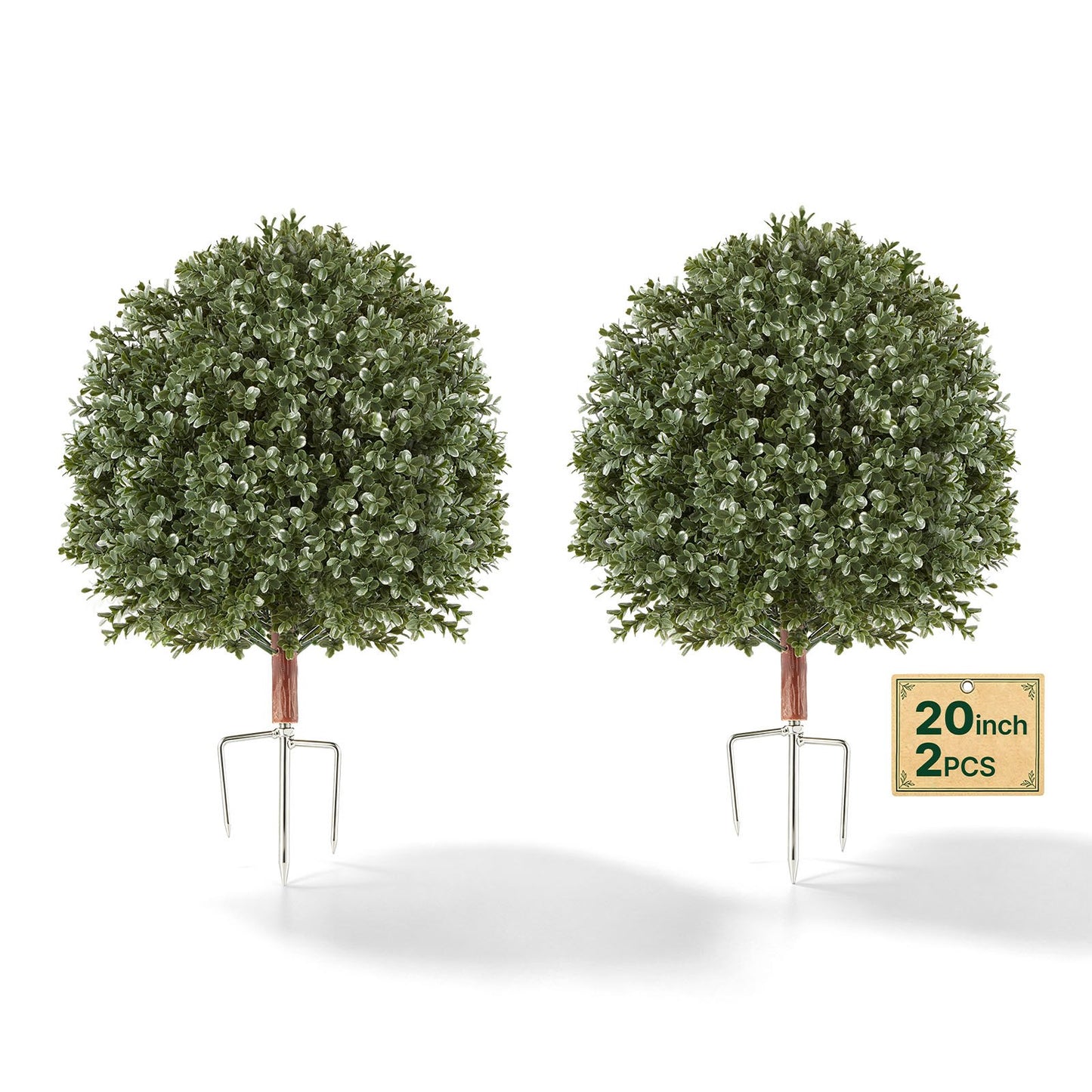 Artificial Topiary Boxwood Bush 508 mm Set of 2 Greenery Fake Shrubs, PE Faux Trees with Metal Ground Spikes, Indoor & Outdoor Green Plant for Front Door, Entryway, Porch, Balcony, Patio, Garden